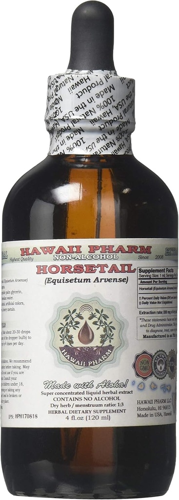 Hestehale Alkohol- Free Liquid Extract, Organic Horsetail (Equisetum arvense) Tørret Herb Glycerite Hawaii Pharm Natural Herbal Supplement 4 oz