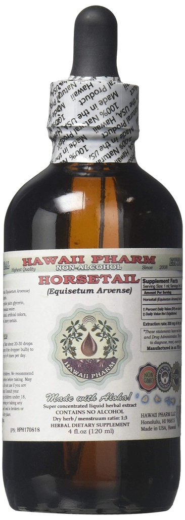 Hestehale Alkohol- Free Liquid Extract, Organic Horsetail (Equisetum arvense) Tørret Herb Glycerite Hawaii Pharm Natural Herbal Supplement 4 oz