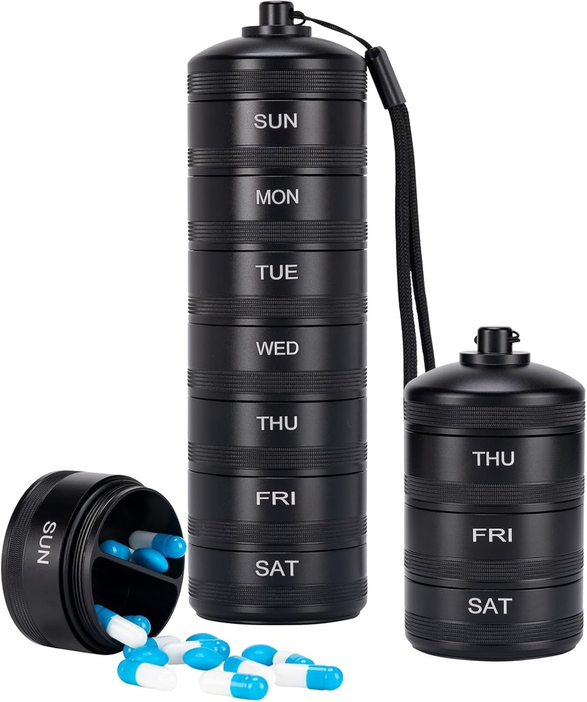 XHT Premium Weekly Metal Pill Organizer 7 Dag 2 gange om dagen - Vandtæt AM PM Pill Organizer Rejsetilfælde, Heavy Duty Pill Holder og Pill Box for Medicin, Vitaminer, Fiskeolie & Kosttilskud