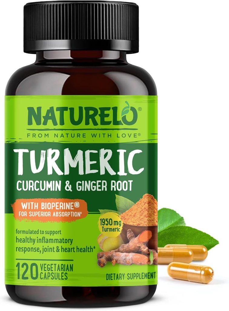 NATURELO gurkemeje Curcumin - BioPerine for Better Absorption - Sort Pepper, Ginger Root, Curcuminoids - Plantbaseret fælles Discomfort Support - 120 Veganske kapsler
