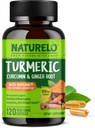 NATURELO gurkemeje Curcumin - BioPerine for Better Absorption - Sort Pepper, Ginger Root, Curcuminoids - Plantbaseret fælles Discomfort Support - 120 Veganske kapsler