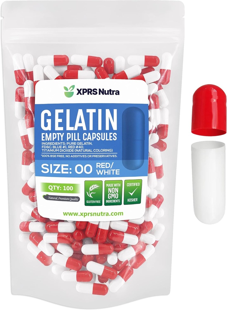 XPRS Nutra Størrelse 00 Tomme kapsler - 100 Grev Tomme Gelatine kapsler - Piller gør det - Kapselfyld - Fyldelige Pille Gel Caps til Do- It- Yourself Kosttilskud (rød / hvid)