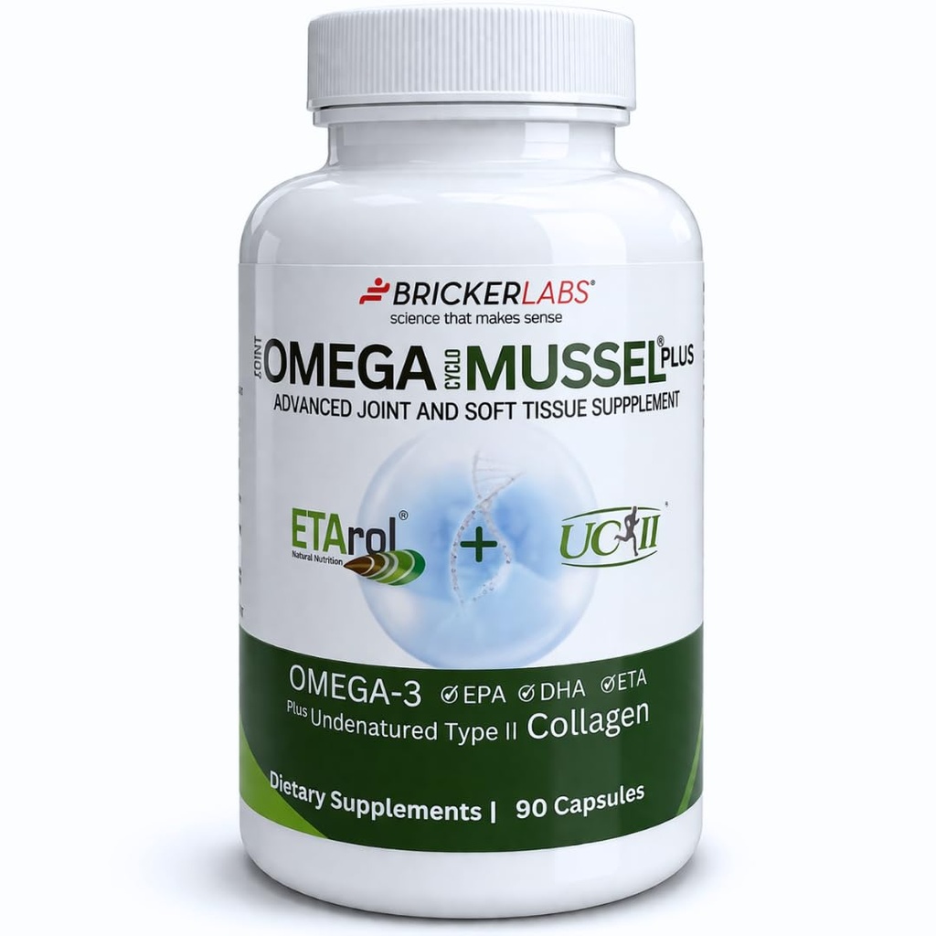 Bricker Labs Omega Cyclo - Mussel Plus UC- II, Premium NZ Green Lipped Mussel Plus UC- II Udenatureret Type II Collagen, Den ultimative fælles tillæg for fælles sundhed og komfort, 90 kapsler