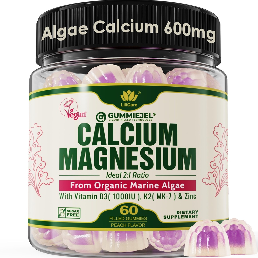 Plant baseret Calcium Gummies 600mg med vitamin D3 K2, Magnesium, Zink til ben Styrke, Sukker Free Calcium Kosttilskud til kvinder & mænd (Certificeret Vegan) fra Sustainable Organic Red Algaes - 60 Counts