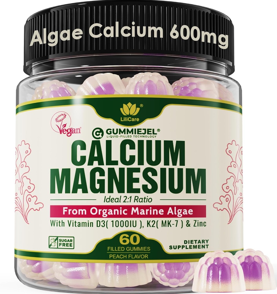 Plant baseret Calcium Gummies 600mg med vitamin D3 K2, Magnesium, Zink til ben Styrke, Sukker Free Calcium Kosttilskud til kvinder & mænd (Certificeret Vegan) fra Sustainable Organic Red Algaes - 60 Counts