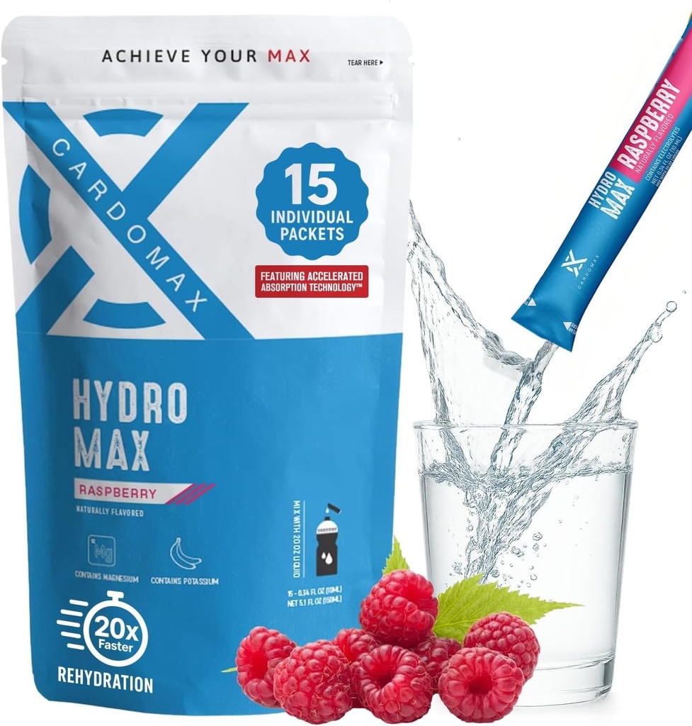 Hydromax Electrolyte Drink Mix - Hindbær 15 flydende Pakninger med kalium & Magnesium - Zero Sugar, Keto & Vegan Elektrolyter til hurtig hydrering & Inddrivelse supplement
