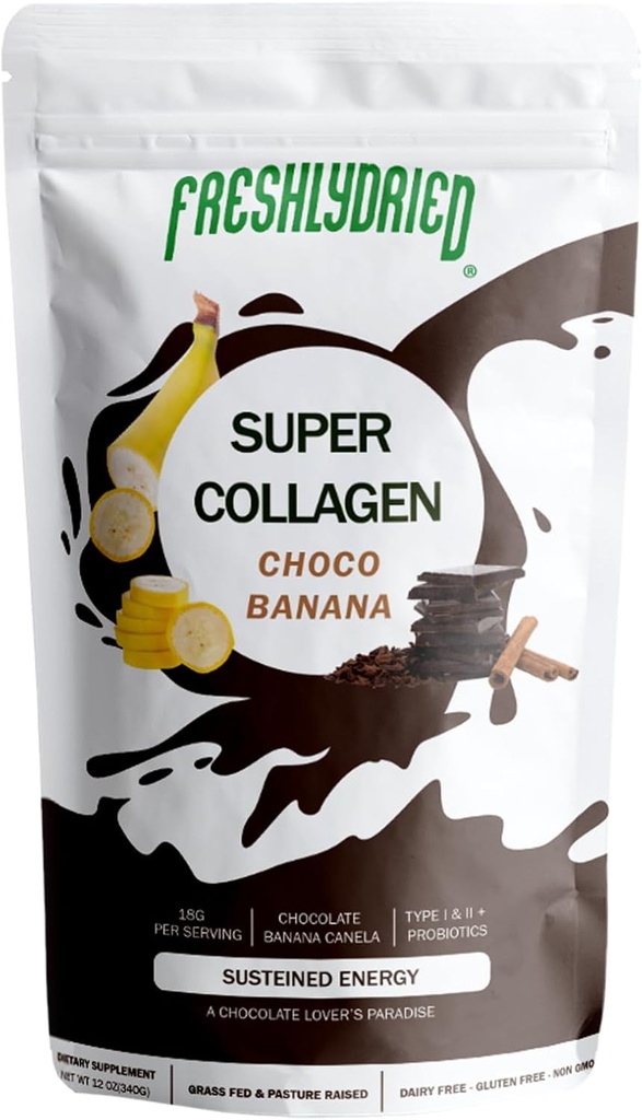 Frisk tørret Collagen Peptider & ChocoBanana Powder - Understøtter hår, hud, negle, knogler & joints - Type I & III Grass- Fed Collagen + Probiotika - Chokolade Banana Kanel Flavor - 10 Servering, 6 oz