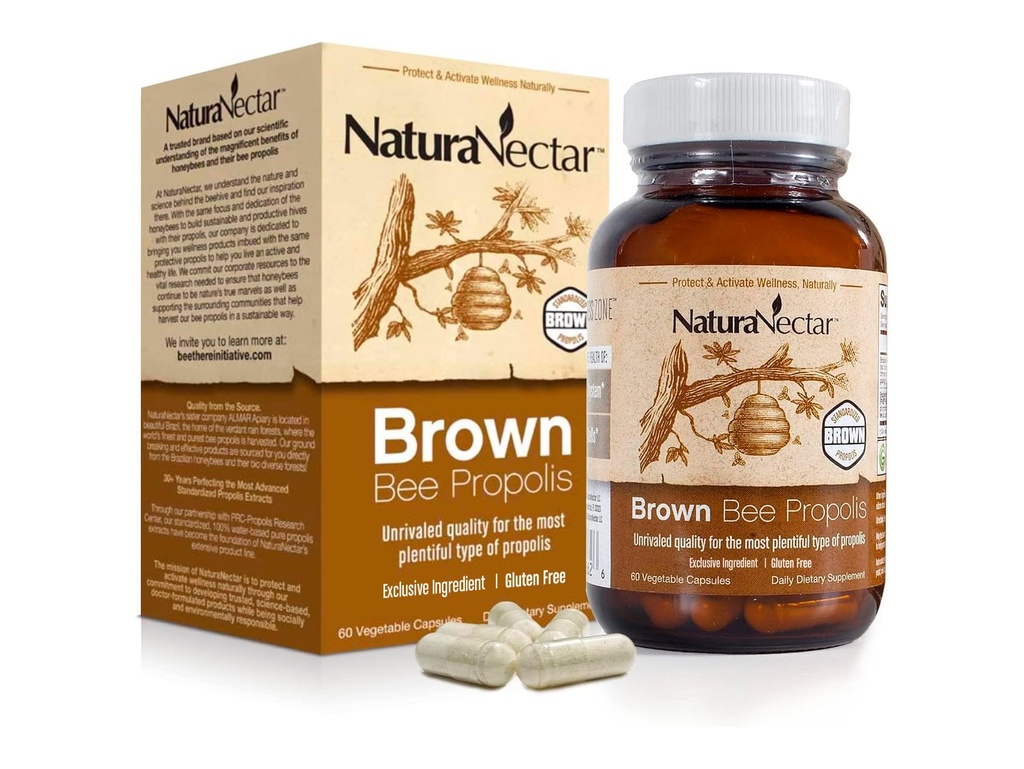 NaturaNectar - Brown Bee Propolis - NSF Indholdsfortegnelse Certificeret - Premium Brasiliansk Propolis - Gluten- Free Supplement med Flavonoider, FLAV-B og PWE - naturligt Sourced through Ethical Bievin (60pcs.)