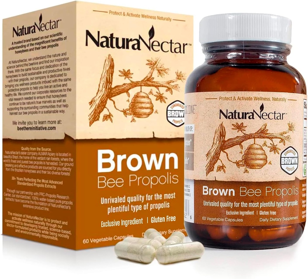 NaturaNectar - Brown Bee Propolis - NSF Indholdsfortegnelse Certificeret - Premium Brasiliansk Propolis - Gluten- Free Supplement med Flavonoider, FLAV-B og PWE - naturligt Sourced through Ethical Bievin (60pcs.)