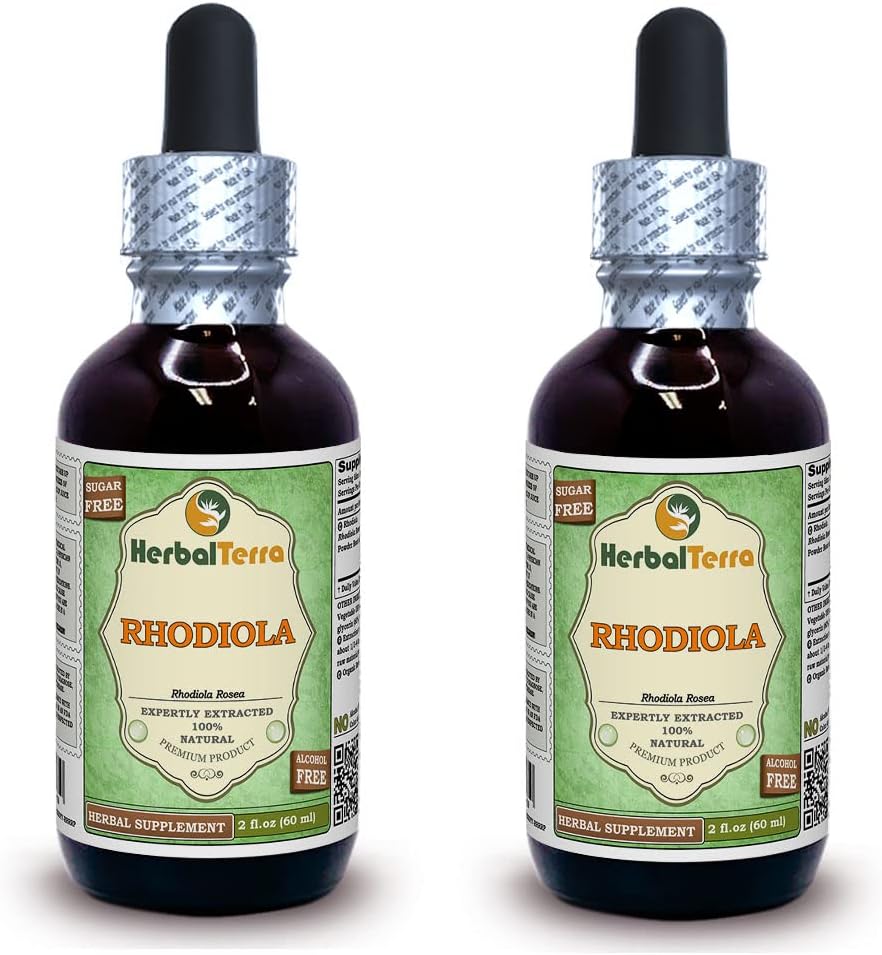 Rhodiola (Rhodiola Rosea) Glycerit, Økologisk Tørrede Rødder Alkohol- Free Liquid Extract (Brand Name: HerbalTerra, Stolt Made in USA) 2x2 fl.oz (2x60 ml)