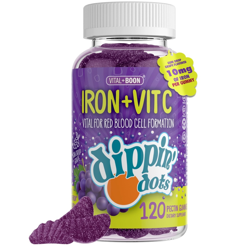Jern med C-vitamin & B12 Gummies (120 Greve) Vital for Red Blood Cell Formation Budd124; Gum Drop Grape Real Pectin Fruit Chew Kosttilskud Budd124; Vegan, Non- GMO, Gluten Free & Gelatine Free