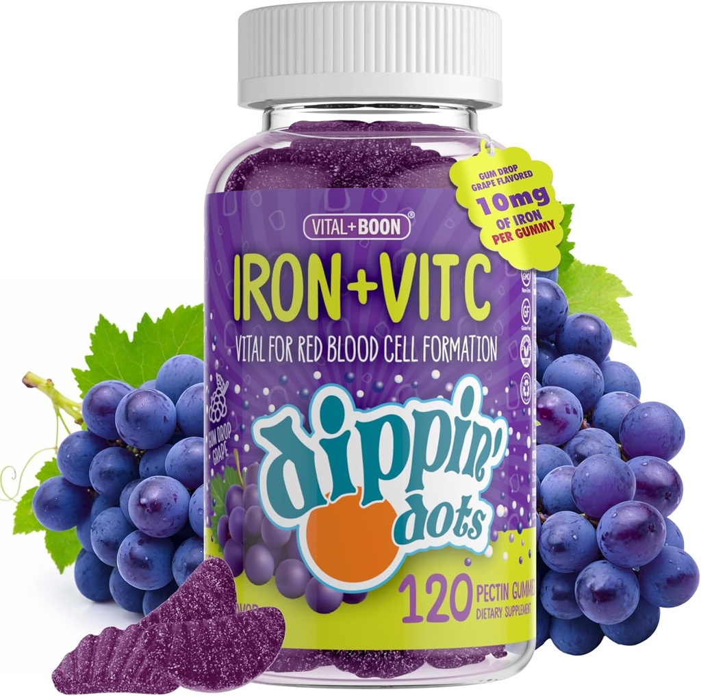 Jern med C-vitamin & B12 Gummies (120 Greve) Vital for Red Blood Cell Formation Budd124; Gum Drop Grape Real Pectin Fruit Chew Kosttilskud Budd124; Vegan, Non- GMO, Gluten Free & Gelatine Free