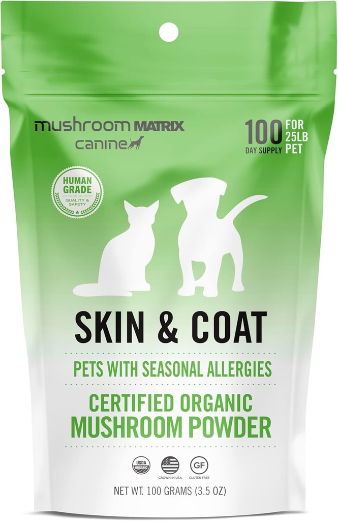 Om champignon Matrix Pet - Canine Matrix 124; Hud & Coat Matrix 124; USA Grown Human- Grade Organic Mushroom Powder Pet Supplement Matrix 124; Sæsonallergi Hud & Coat Support til hunde & Katte Matrix 124; 100 Bedste, 3,5 oz