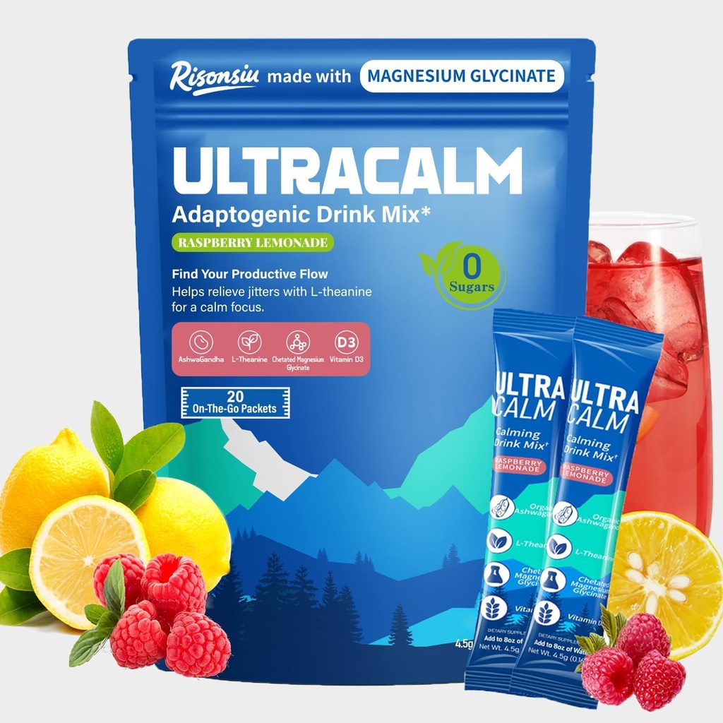 UltraCalm Super Cortisol Drik med Magnesium Glycinate, Ashwagandha, L- Theanine, D3- vitamin, Magnesiumpulver til søvn & stress Relief, Raspberry Lemonade (20 Servere)