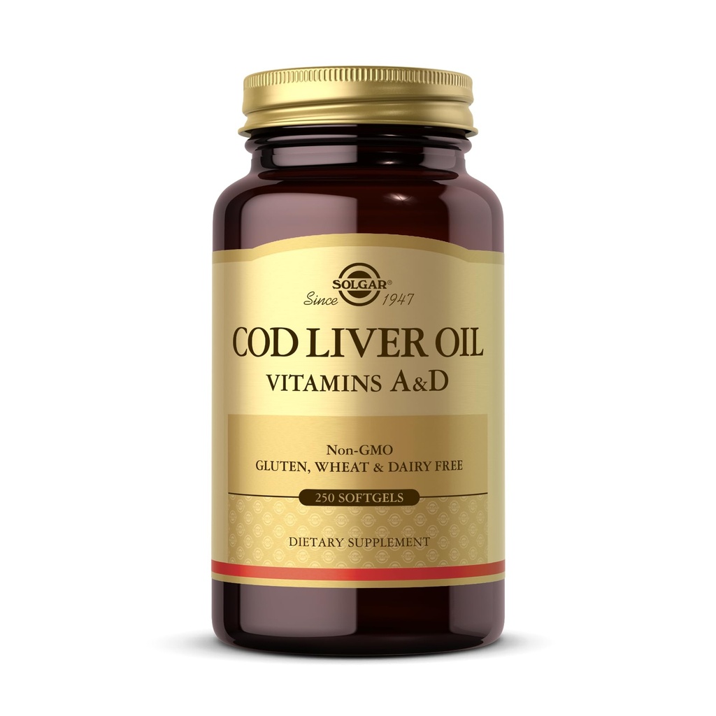 Solgar Cod Lever Oil - 250 Softgels - Giver vitaminer A & D - Non-GMO, Gluten Free - 250 Servering