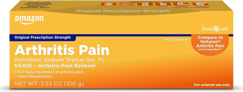 Basic Care Arthritis Pain Lindrende Gel, Diclofenac Natriumtopisk Gel, 1 Procent, Non- Steroidal Anti- Inflammatorisk medicin, 100 Bedste, 3.53 Unse (pakke med 1) (Emballage kan variere)