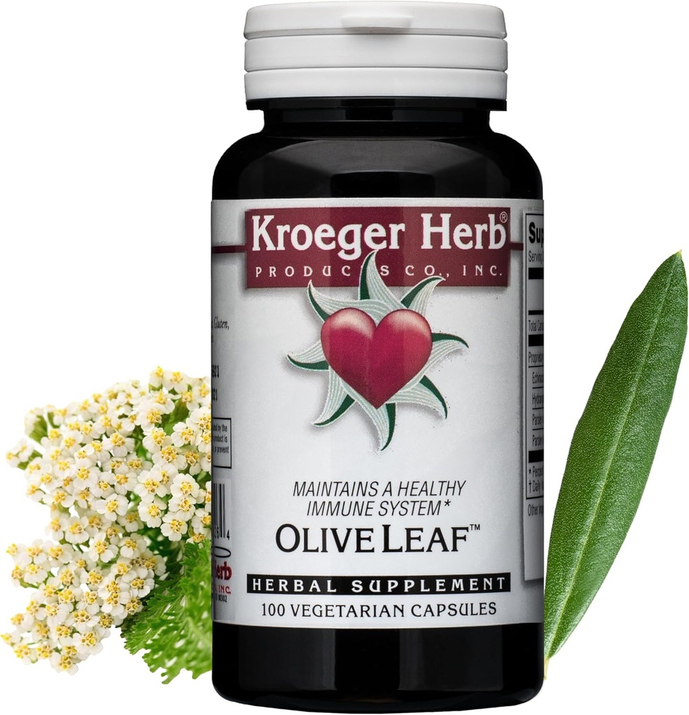 Kroeger urter, Olive Leaf Extract Kapsler til immunsystemet, Olive Leaf & Yarrow Supplement, Vegetarisk, Non- GMO, Gluten Free, Ingen Preservatives - 100 Kapsler, Made in USA