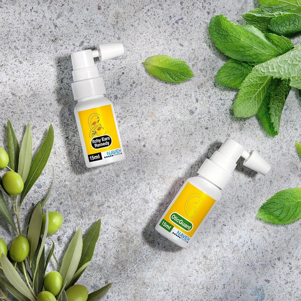 NAVEH PHARMA Itchy Ears Remedy Øre Rengøring og Itch Relief (0,5 fl oz) + NAVEH PHARMA Otic Guard 124; Natural Herbal- Oil Blend Spray 124; for Øre Infektioner (0,5 fl oz)