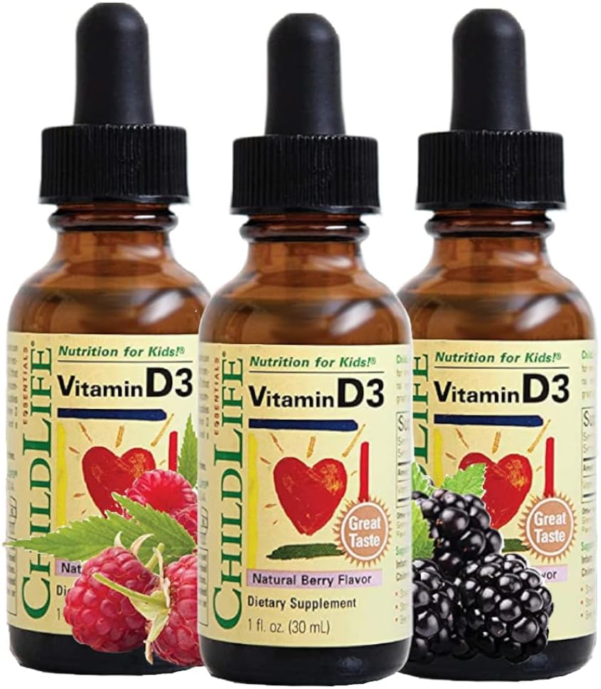 CHILDLIFE ESSENTIALS Vitamin D3 Drops - Vitamin D Drops for Infants, Baby Vitamin D Drops, Liquid Vitamin D for Kids, Toddlers 1-3, Children, 500 IU Per Serving - Natural Berry, 1 Fl Oz (Pack of 3)