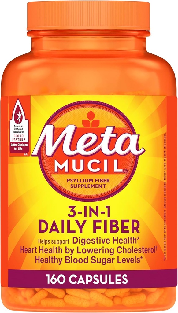 Metamucil, Psyllium Husk Capsules, 160 Capsules, 3-in-1 Fiber Supplement, Daily Psyllium Husk Fiber Capsules Help Support Digestive Health by Promoting Regularity*, Help Supplement Daily Fiber Intake