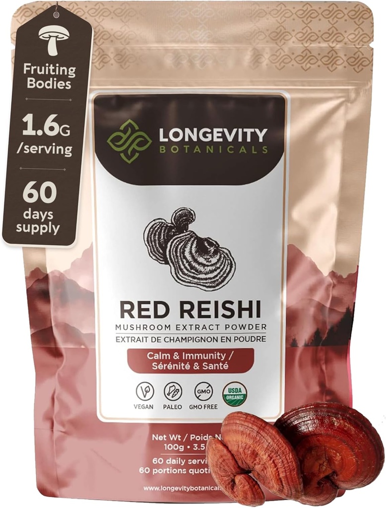 Longevity Botanicals Organic Reishi Mushroom Extract Powder 100g · 124; Koncentreret 10: 1 Ratio · 124; 100% Fruiting Bodies