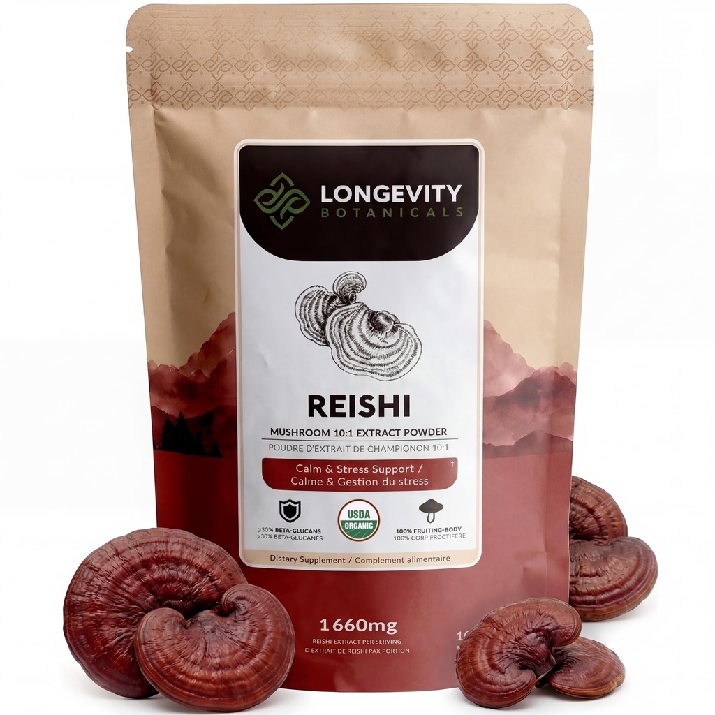 Longevity Botanicals Organic Reishi Mushroom Extract Powder 100g · 124; Koncentreret 10: 1 Ratio · 124; 100% Fruiting Bodies