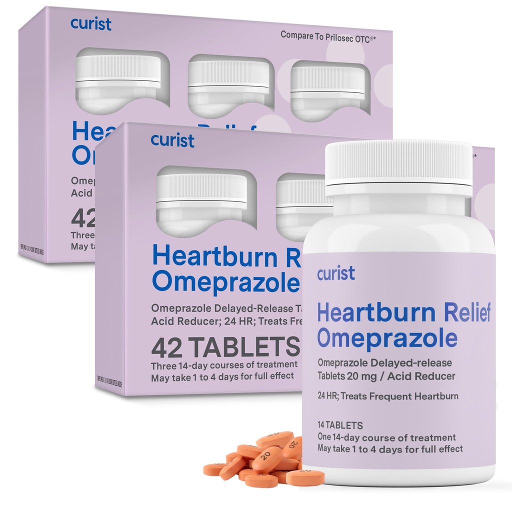 Curist Omeprazol 20mg Tablets Bulk Pack - 84Count Delayed- Release Tablets - Acid Reflux Medicine for Heartburn Relief (2 pakker med 42 tabletter - 84 i alt)