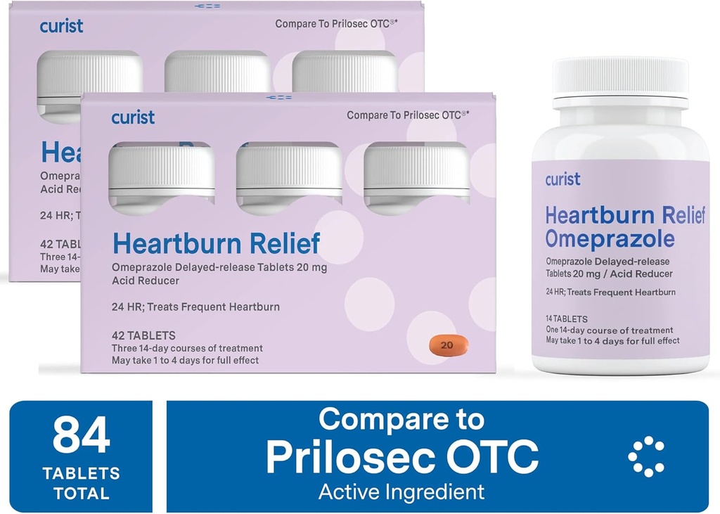 Curist Omeprazol 20mg Tablets Bulk Pack - 84Count Delayed- Release Tablets - Acid Reflux Medicine for Heartburn Relief (2 pakker med 42 tabletter - 84 i alt)