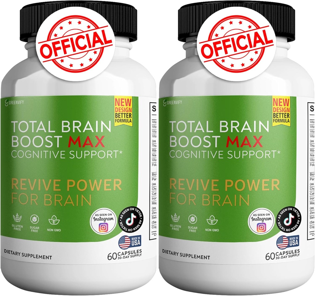 Total Brain Boost - Brain Support Supplement Enhance Memory & Focus Clear Brain Fog & Boost Cognitive Function 120 Natural Capsules