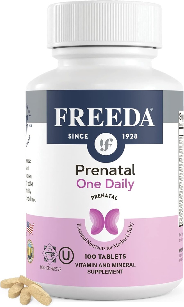 FREEDA Prenatal Vitamin - Kosher Prenatals - Prenatal Vitamin med jern, Prenatal Folinsyre, Cholin, D-vitamin - En daglig Pre Natal Multivitamin Support til Gravid & Lactating Kvinder (100)