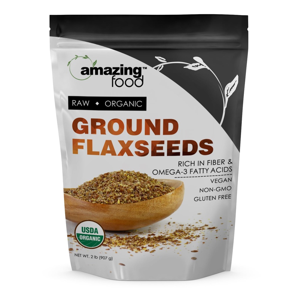 Amazing Food Ground Flaxseed Powder Measures 124; 2 Lbs Measures 124; USDA Certified Organic Measures 124; Vegan Measures 124; Non- GMO Measures 124; Gluten Free Measures 124; Made in USA