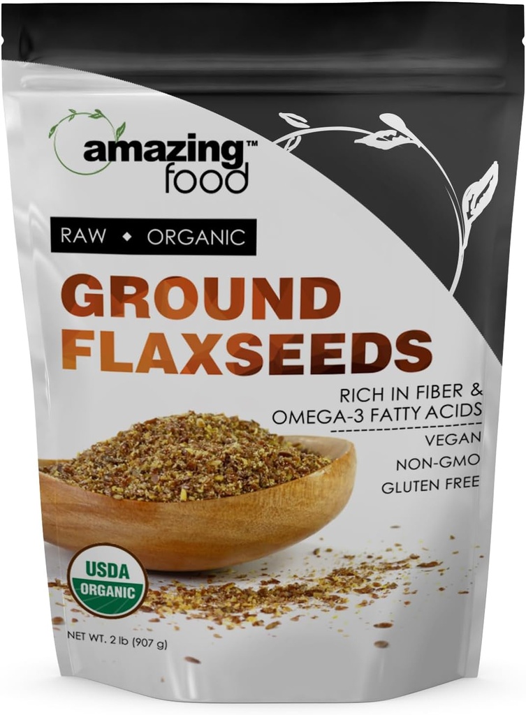 Amazing Food Ground Flaxseed Powder Measures 124; 2 Lbs Measures 124; USDA Certified Organic Measures 124; Vegan Measures 124; Non- GMO Measures 124; Gluten Free Measures 124; Made in USA