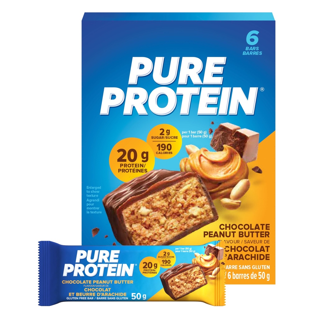 Pure Protein Bars, Gluten Free, Snack Bars, Chokolade Peanut Butter, 50 gram, 6 Greve, {Importeret fra Canada}