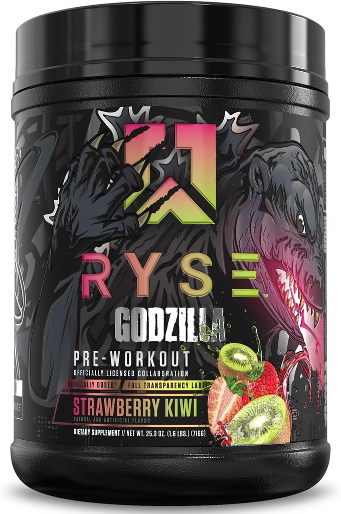 RYSE Godzilla X Noel Deyzel Pre Workout Powder - Jordbær Kiwi - 400mg Koffein, High Stim Pre- Workout for mænd og kvinder med Citrullin & Beta Alanine - Energi, Pump & Focus - 20 / 40 Servering