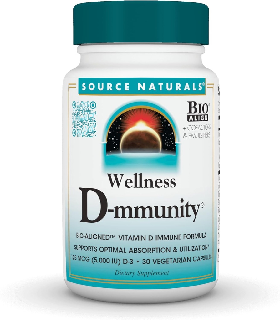 Kilde Naturals Wellness D- mity, Bio- Alignied Vitamin D Immun Formel, Understøtter Optimal Absorbtion og Udnyttelse *, 125 mcg (5.000 IE) D- 3- 30 Vegetariske kapsler