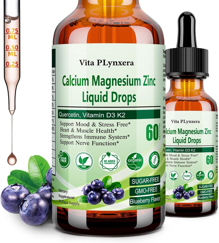 Calcium Magnesium Zink, Liquid Calcium Magnesium Citrat med vitamin D3 K2, B6, Omega-3, High Potency Liquid Magnesium Calciumdråber w. Urtetilskud til ben, muskel, slaphed, søvn, nerve