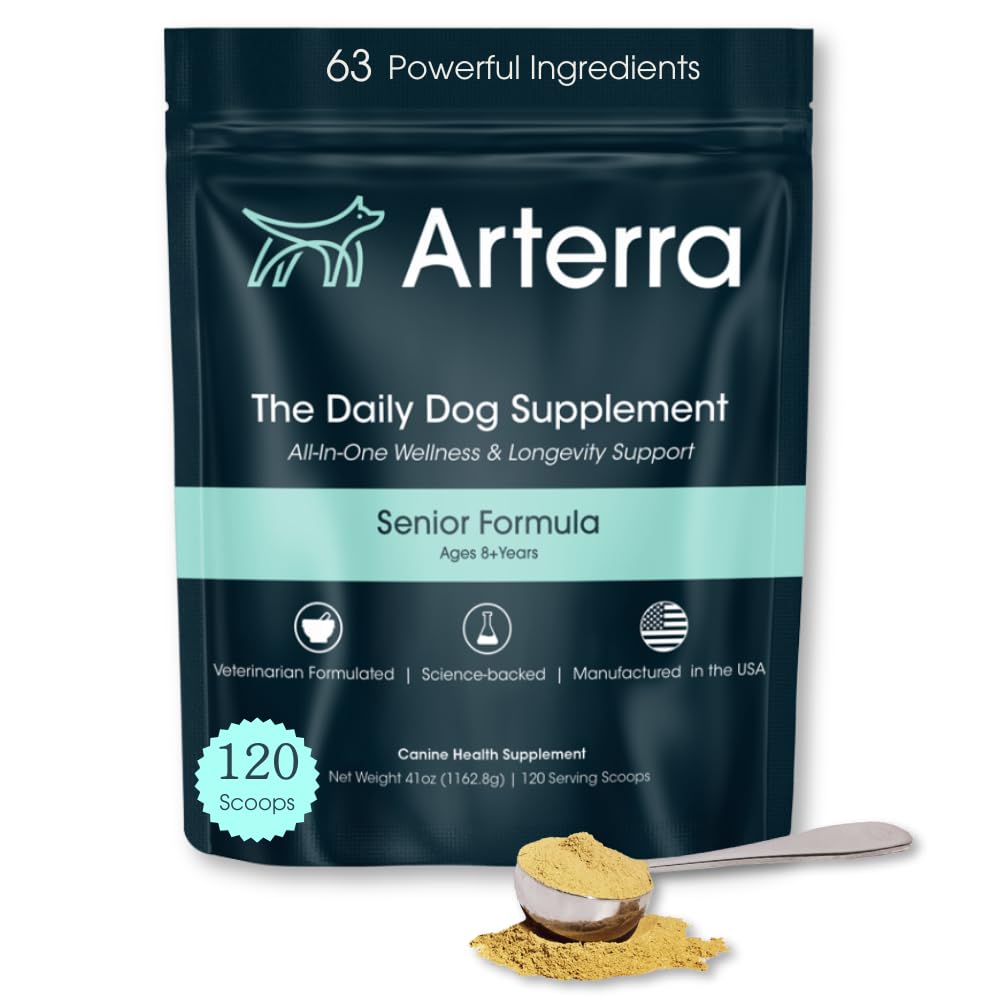 Senior Dog Powder Supplement & Food Topper - 63 Ingredienser til fælles, Gut, Immun & Brain Health - Daglig Longevity Multivitamin med Glucosamin, Probiotika, og Fish Oil Medic124; 120 Scoops