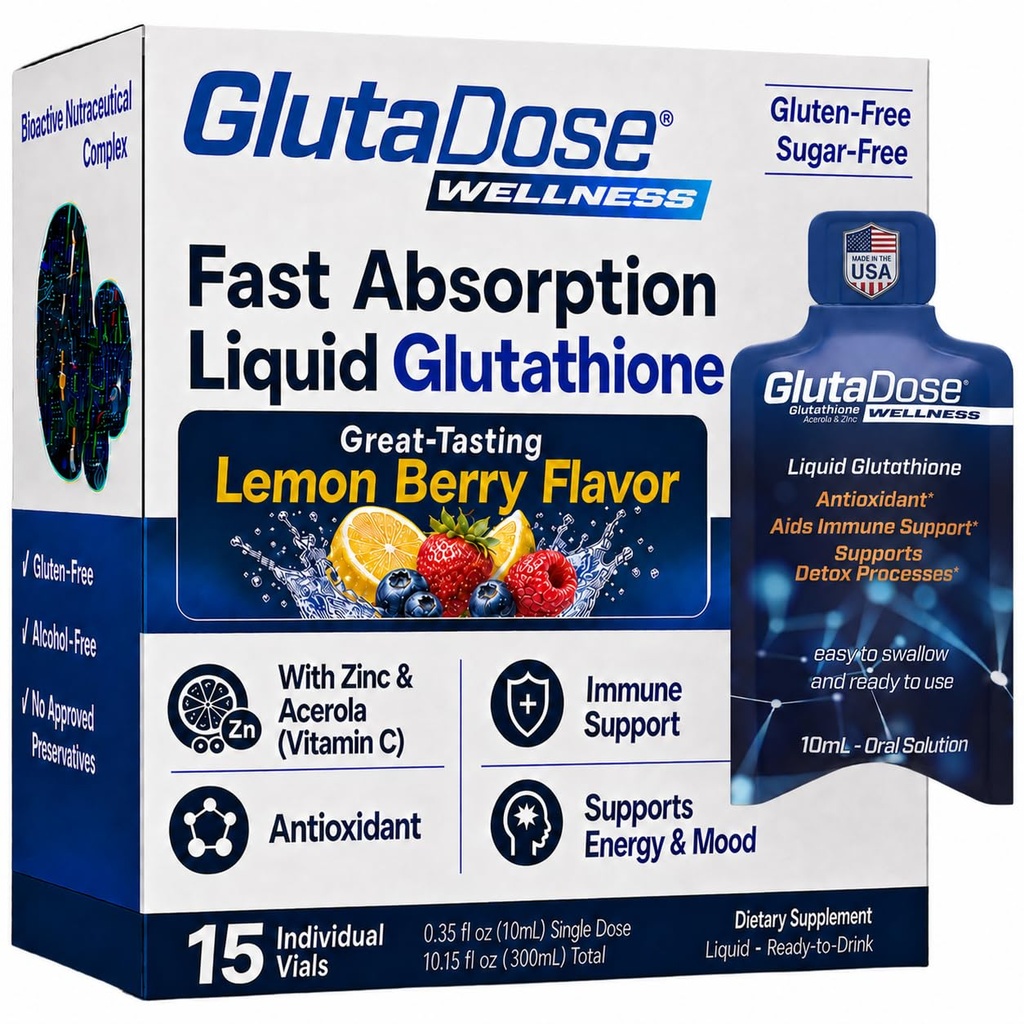 Flydende Glutathione dråber, Lemon Berry Flavored Acerola med zink, Daglig Vitamin & Mineral Blend, Zero Sugar Formel, 0,34 fl oz, Pack of 15