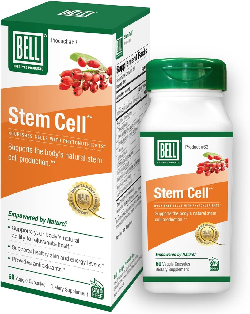 Bell Stem Cell Kosttilskud - Understøtter din krops naturlige evne til at erstatte Worn Out Cells og forynge Tissue Buddy 124; Celulas Madres Buddy 124; 60 kapsler