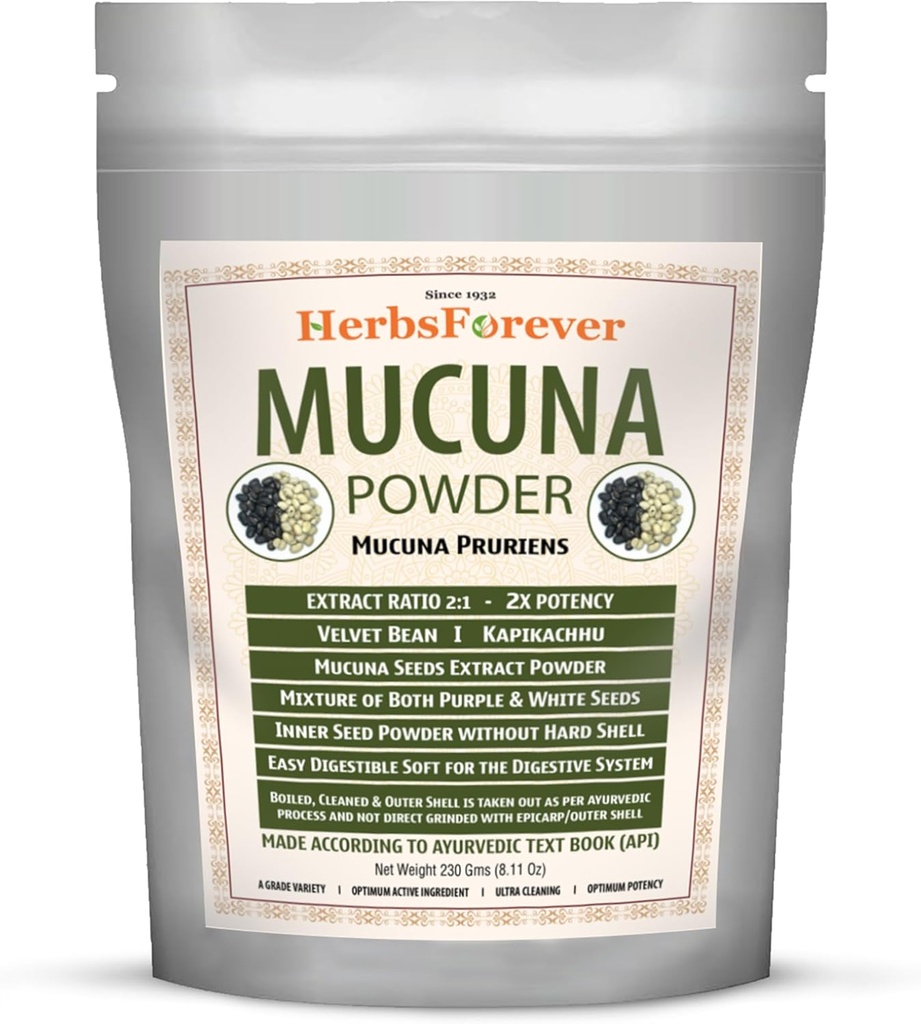 Herbseverly Mucuna Pruriens Seed Powder 2X Potency Extract (2: 1); Lilla & Gul Frø Blend, Velvet Bean, Non- GMO, Vegan, 230g Budd124; Understøtter energi, Vitality, og Samlet Wellness