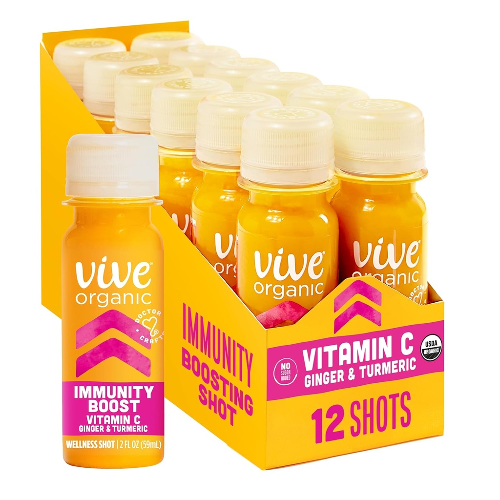 Vive Organic Vitamin C + immunforsvar Skudt, Cold- presset gurkemeje, Ginger & Acerola Cherry, Gluten Free, Vegan, Immunity Boost Vitamin C, 2 Fl Oz (Pack of 12)