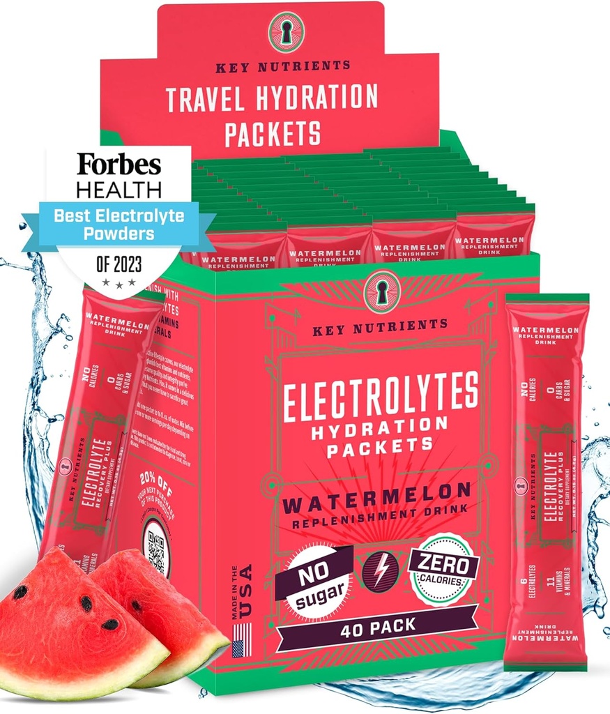 KEY NUTRIENSER Electrolytes Powder Packets - Forfriskende Watermelon 40 Pack Hydration Packets - Travel Hydration Powder - Ingen sukker, Ingen kalorier, Gluten Free - Made in USA