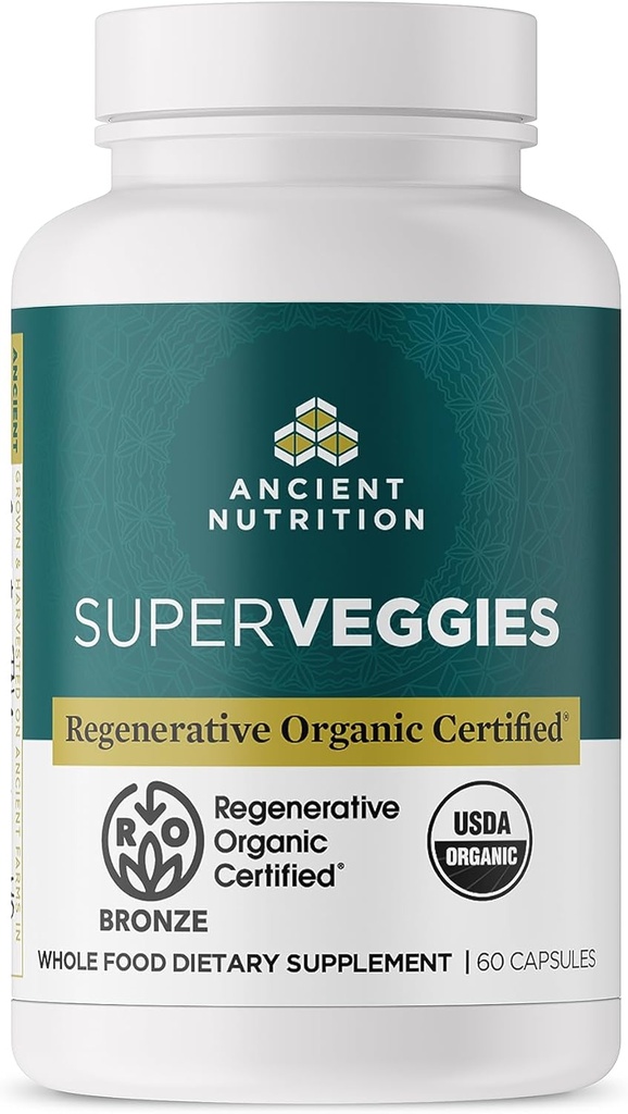 Ancient Nutrition Regenerative Organic Certified SuperVeggies Kapsler, Understøtter Gut og immunsystem Sundhed, Lavet med Probiotika, Kale, Broccoli, og Spinat, 60 Greve