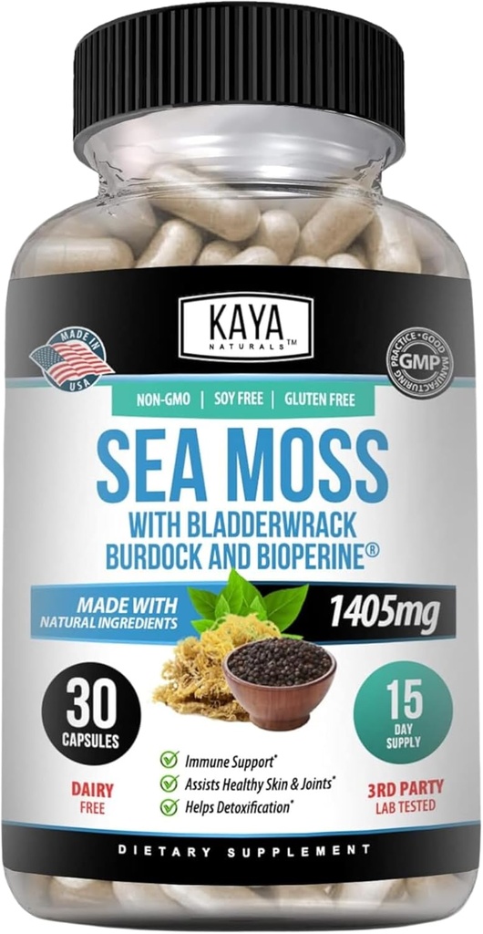 Kaya Naturals Sea Moss - Mobility Supplement for Men and Women - with Burdock Root, Irish Moss, Bladderwrack, and BioPerine - for Mobility Health and Immune Boost, 30 Count