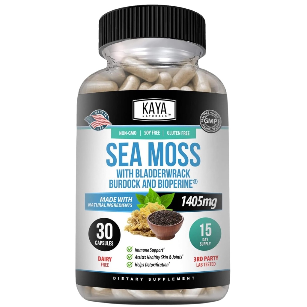 Kaya Naturals Sea Moss - Mobility Supplement for mænd og kvinder - med Burdock Root, Irish Moss, Bladderwrack, og BioPerine - for mobilitet sundhed og immunboost, 30 Greve