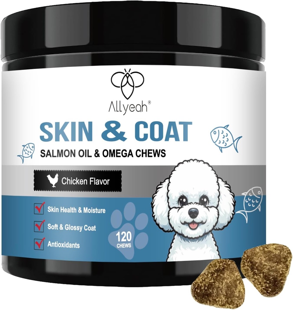 Omega 3 Fiskeolie til hunde, Salmon Oil Skin og Coat Supplement for hunde Allergi Relief, Tør & Kløende Hud Relief Behandling, Allergi Chews - Hund Anti Shedding Treats - Shiny Coats - EPA & DHA