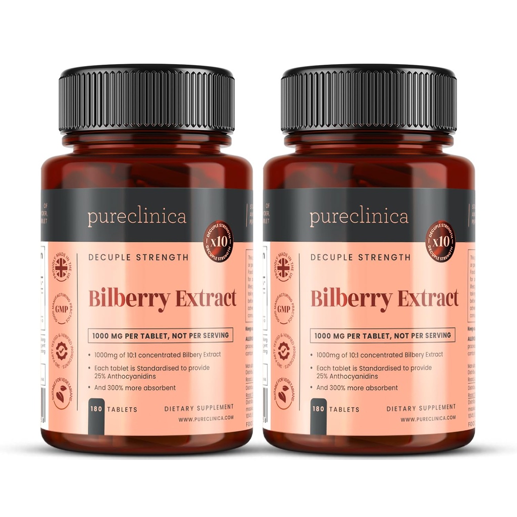 pureclinica Bilberry Extract 10,000mg x 360 Tablets (2 flasker) - 10 X flere Antocyanidin w / 5mg Black Pepper Extract