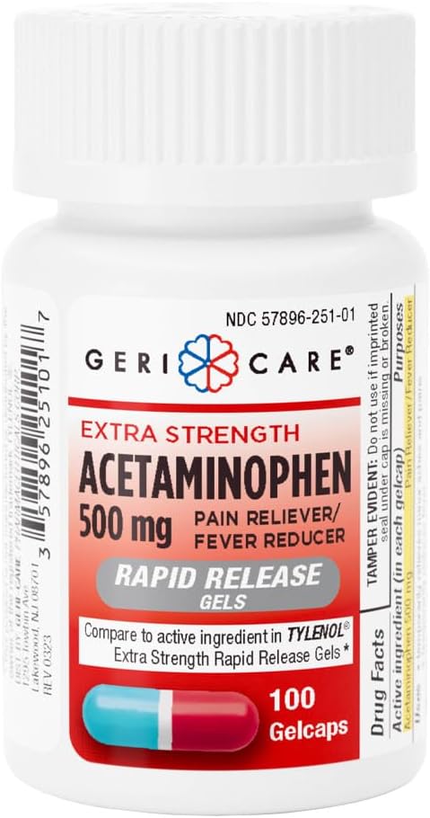 Gericare Ekstra Styrke Acetaminophen 500 mg hurtig frigivelse Gelcaps, Smerte Relief 100 Greve (pakke med 1)