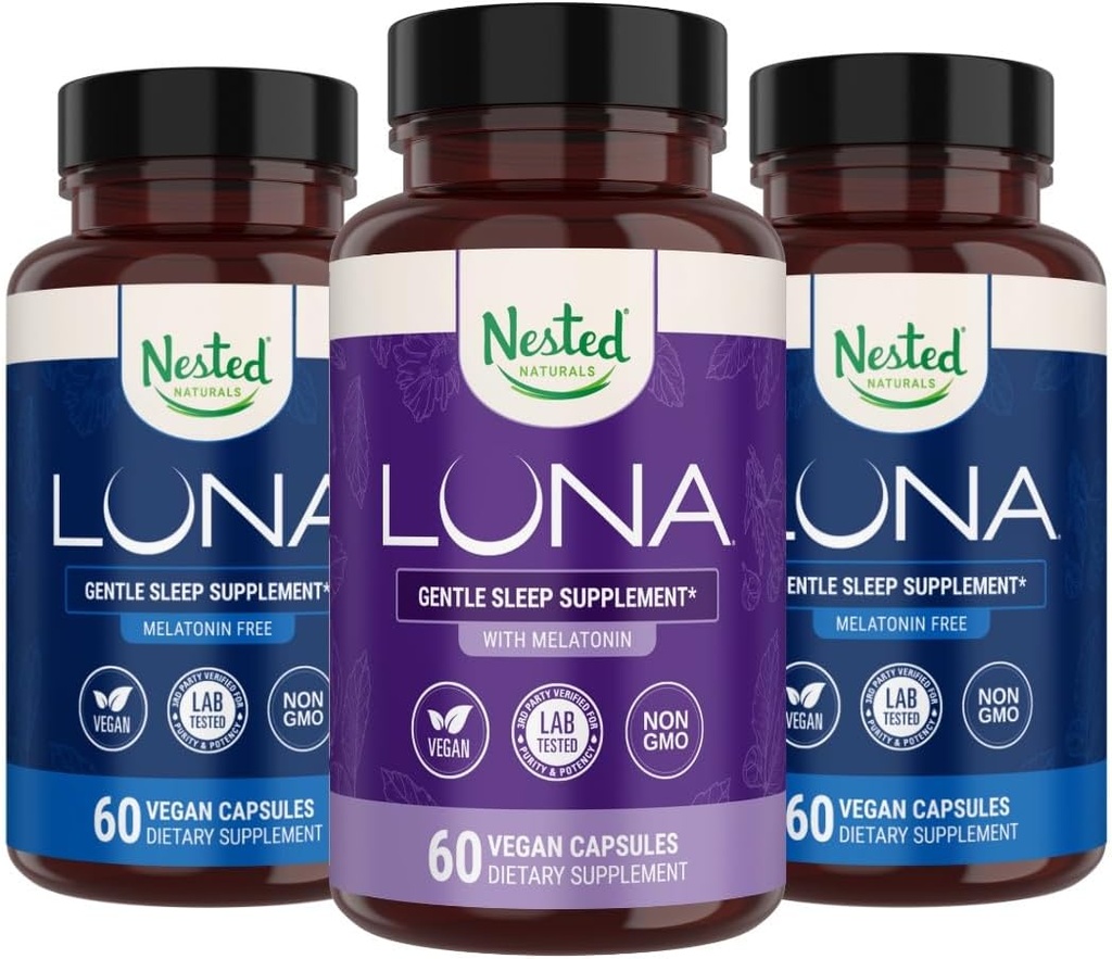 Nested Naturals Luna Melatonin- Free (120 Veganske Kapsler) & Luna Naturlig Søvnhjælp med Melatonin (60 Veganske Kapsler) for Deep Sleep Medic124; Non- Habit Forming