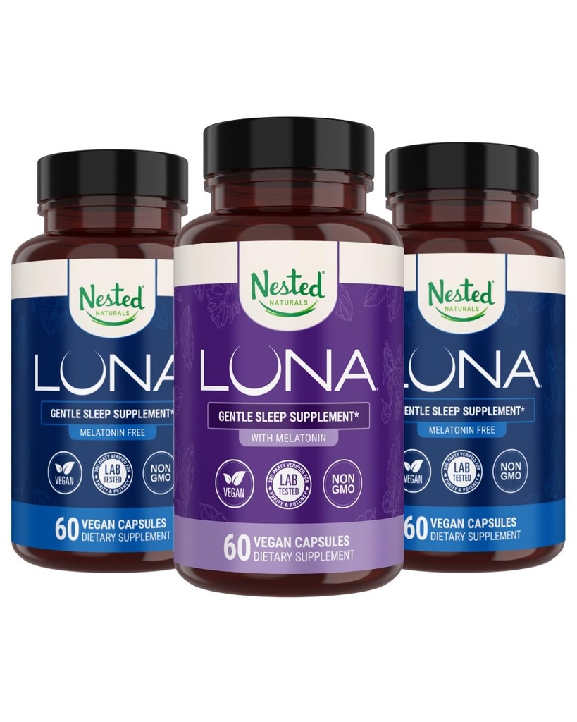Nested Naturals Luna Melatonin- Free (120 Veganske Kapsler) & Luna Naturlig Søvnhjælp med Melatonin (60 Veganske Kapsler) for Deep Sleep Medic124; Non- Habit Forming
